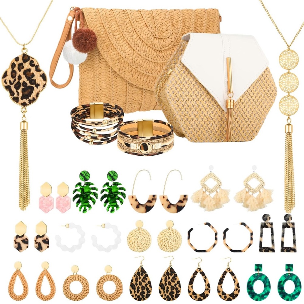 NWT 20 Pcs Boho Straw Purses Bags Jewelry Set